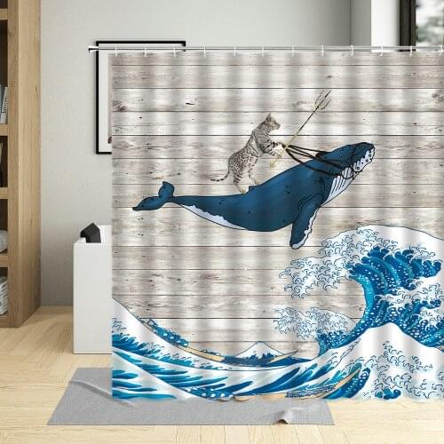 Funny Cat Shower Curtain Cat Riding Whale In Ocean Wave Pattern Bathroom Curtains Multi Size Waterproof Bathtub Decor With Hooks