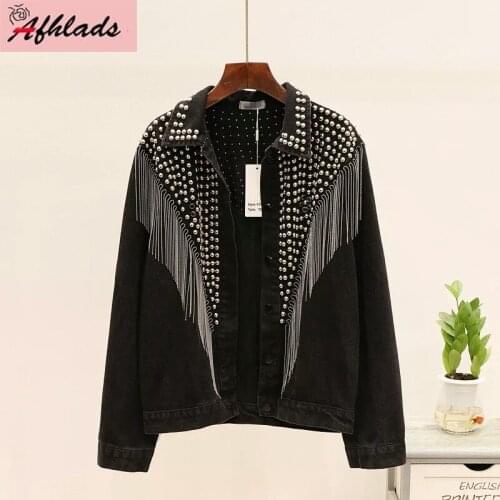 2020 Autumn Denim Jacket for Women Rivet Tassel Chain Short Coats Woman Loose Streetwear Long Sleeve Black Coats Outerwear