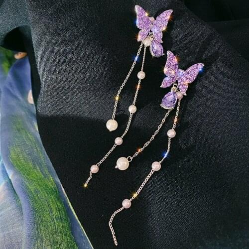 2020 Korean New Fashion Tassel Purple Pearl Earrings Temperament Long Pendants Bow Earrings Charm Elegant Lady Jewelry