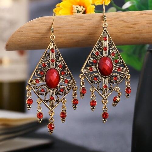 2020 Ethnic Alloy Rhombus Red Beads Tassel Indian Jhumka Earrings For Women Boho Gypsy Earing kolczyki boucles d oreille femme