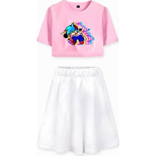 Summer Friday Night Funkin Women/Girl Sets Sexy Short Tops+kilt Elastic Waist Hip hop Style Suits Cool Streetwear Two Piece Sets