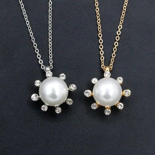 White Simulated Pearl 8 Shiny Crystal Sun Flower Pendant Golden Silver Plated Necklace for Women Around 46 cm