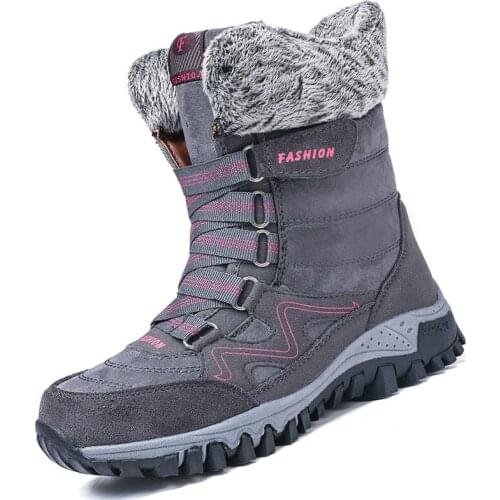 Winter Womens Snow boots Warm Mid-calf Shoes for Cold weather outdoor plush shoes Anti-skid Lady winter sneakers Grey