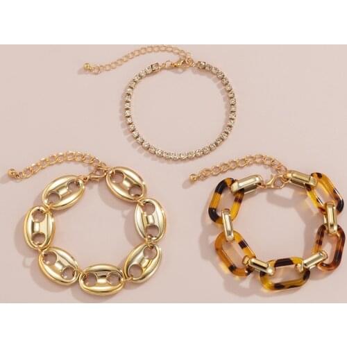 3PCS/SET Gold Punk Crystal Link Chains Acrylic Leopard Chain Bracelet Bangles Sets for Women Female Party Daily Wrist Jewelry
