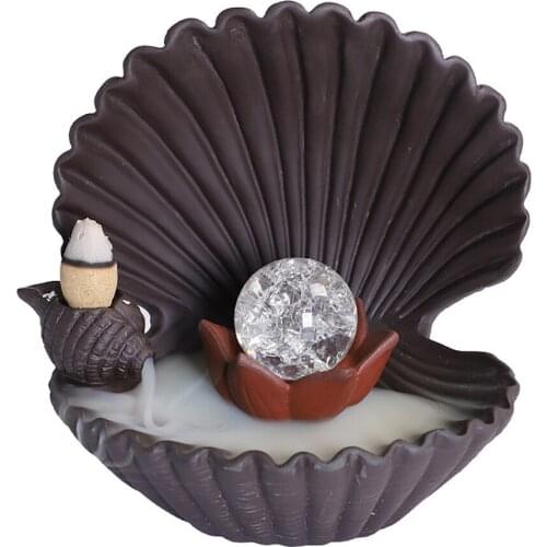 Creative Shell Backflow Incense Burner 7-Color Change LED Light Crystal Ball Waterfall Incense Holder Ceramic Sandalwood Holder