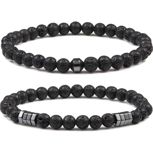 Natural Stone Beaded Bracelet Men 6mm Classic Matte Black Lava Beads Simple Geometric Hematite Bracelets&Bangles Charms Jewelry
