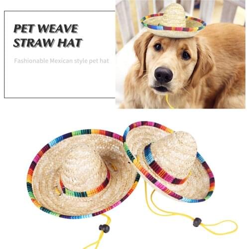 Dog Cat Pet Woven Straw Hat Adjustable Fashionable Mexican Style Pet Hat Spring And Summer Sunshade Pet Clothing Accessories