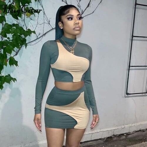 Hugcitar Solid Long Sleeves Turtleneck Patchwork Crop Top Mini Sexy Dress 2021 Autumn Winter Women Fashion Casual Outfits Y2K