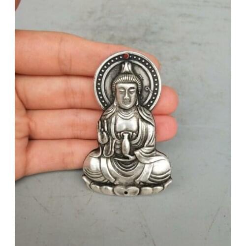 Collection Tibetan Silver Hand Carved Guanyin Buddha Amulet Pendant