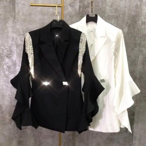 Fringe Rhinestone Suits Outwear 2021 Spring Sweet Women Jacket Ruffle Sleeve Beading Blazer Loose Female Ladies Office Coat