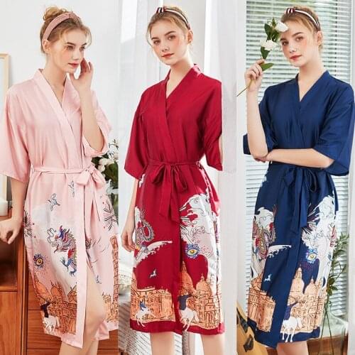Summer Silk Robes Women Cartoon Print Kimono Bathrobe Homewears Sleepwear Lingerie Bride Bridesmaid Wedding Dressing Gown Robes