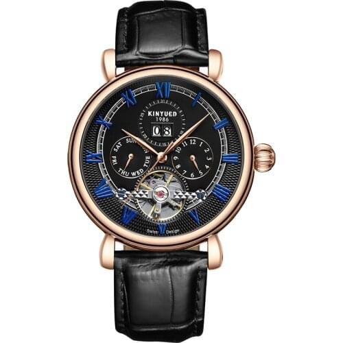 Kinyued Brand Fashionable Business Waterproof Genuine Cowhide Flywheel Automatic Mechanical Watch