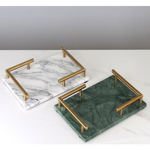 Marble & Brass Tea Set Tray Bathroom Cosmetic Shelf Fruit/ Pastry Plate Rectangle Creative Storage Organization Gold Handle