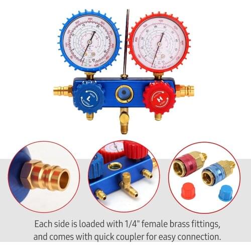 3 Way AC/HVAC Manifold Gauge Set High/Low Pressure Refrigeration Gauge R12 R22 R134A R410A Refrigerant Gauge with 5ft Hoses