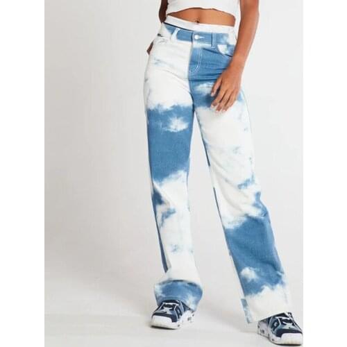 New 2021 Summer Blue White Background Vintage Straight High Waist Ripped Jeans