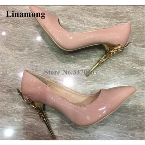 New Fashion Women Pointed Toe Nude Black Patent Leather Metal Leafs Design Pumps Charming Gold Heels Formal Dress Shoes