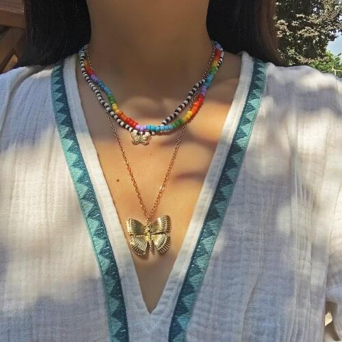 Women Bohemia Jewelry Of Multilayer Rainbow Color Strand Beaded Necklace With Butterfly Pendant Layered Necklaces HD241
