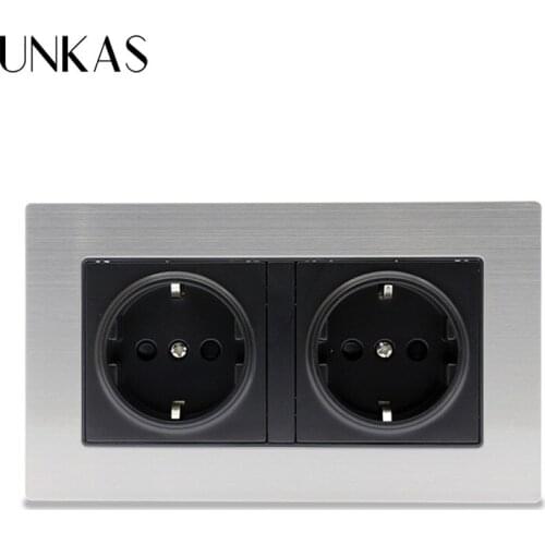 UNKAS Stainless Steel Panel Electrical Plug High Quality 146*86 mm EU Standard Double Socket Luxury Wall Power Outlet