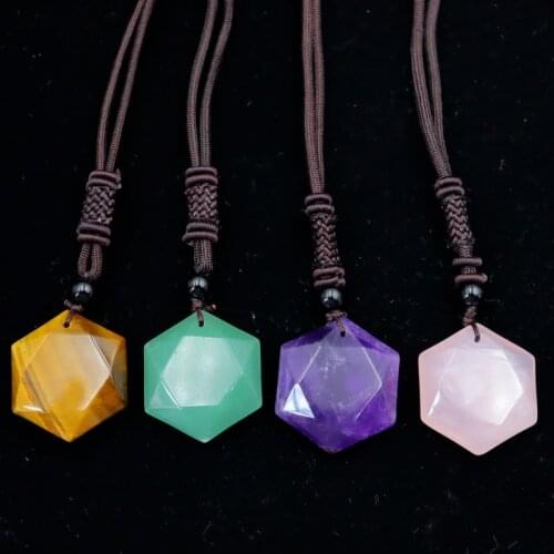 Natural Healing Stone Necklace Pendants Chakra Reiki Faceted Hexagonal Tiger Eye Opal Pink Quartz Crystal for Women Men Jewelry