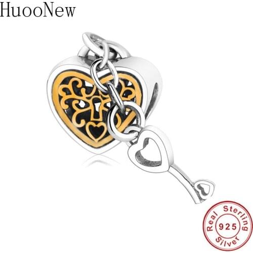 Gold Stripe Hearts Lock Your Love Forever Heart Key Beads Fit Original pan Charms Bracelet S925 Sterling Silver Jewelry Gift