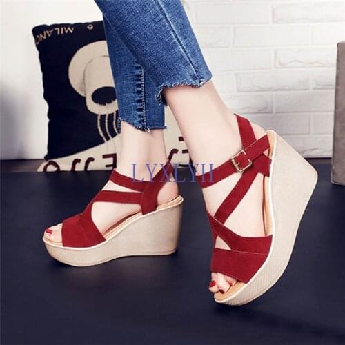 2021 Women Ladies Women Fish Mouth Non-slip Platform Slope High Heels Sandals Buckle Strap Sandals Outdoor Style for Women