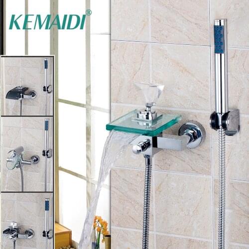 KEMAIDI Bathroom Waterfall Basin Faucet Single Handle Diamond Wall Mounted Waterfall Sink Mixer Tap With Hand Shower Set