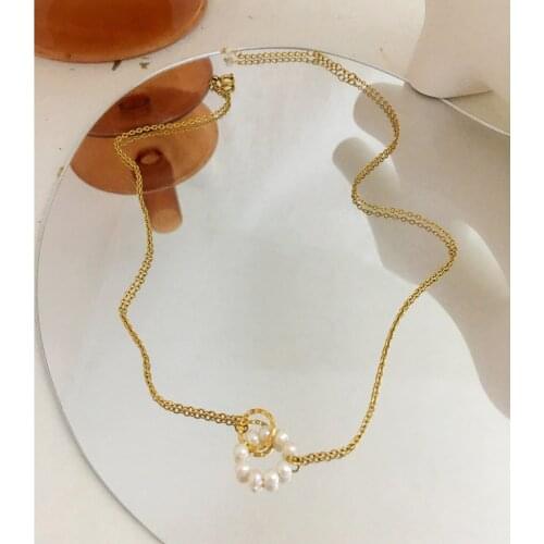 Monlansher Gold Color Thin Chain Chokers Vintage Natural Pearl Circle Pendant Necklace Minimalist Trendy Chain Necklaces Jewelry