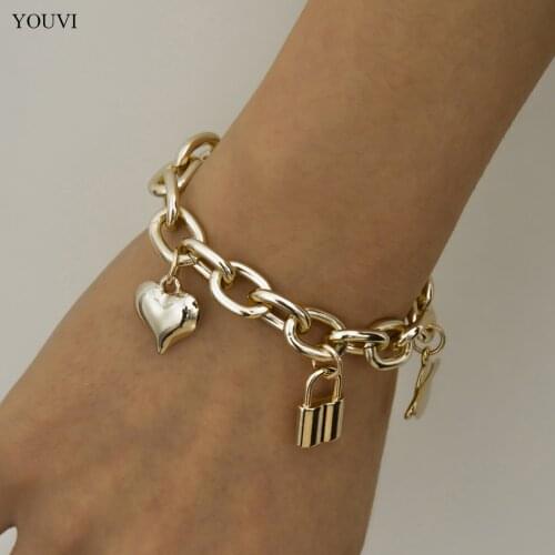 YOUVI Goth Chains Bracelets on Hand Punk Chunky Heart Lock Pedant Tassel Bracelets for Women Lovers Men Bangles Anklet Jewelry