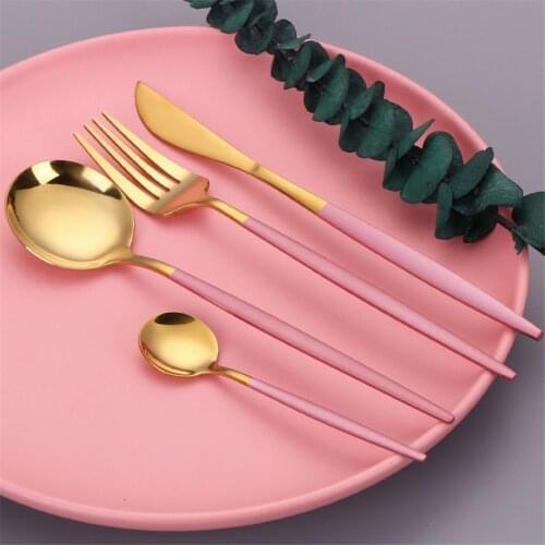 Mirror Pink Gold Tableware Stainless Steel Tableware Kitchen Utensils Creative flatware Combination Spoon Fork Knife Cutlery Set