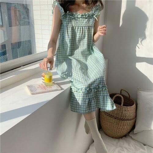 Korean chic sweet spaghetti plaid strap nightgown women homewear dress loose summer nightdress bow tie girls sleepdress Y970