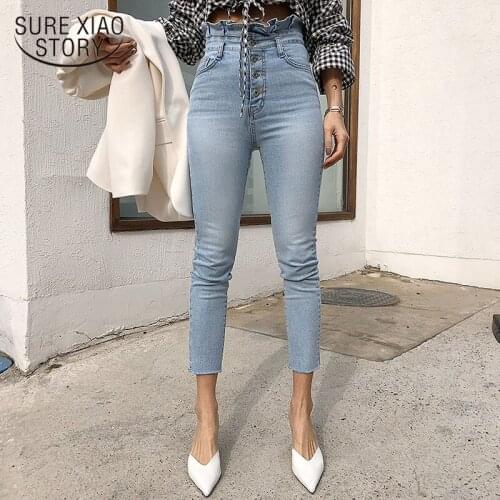 2020 Women High Waist Ruffles Jeans Pants Single-breasted Female Pencil Jeans Streetwear Women Denim Skinny Trousers Pants 10403