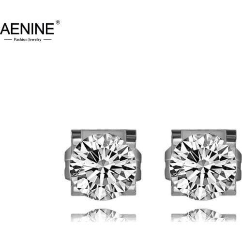 AENINE Fashion White Cubic Zirconia Crystal Stud Earrings For Women Titanium Steel Wedding Earrings Jewelry Oorbellen AE18001