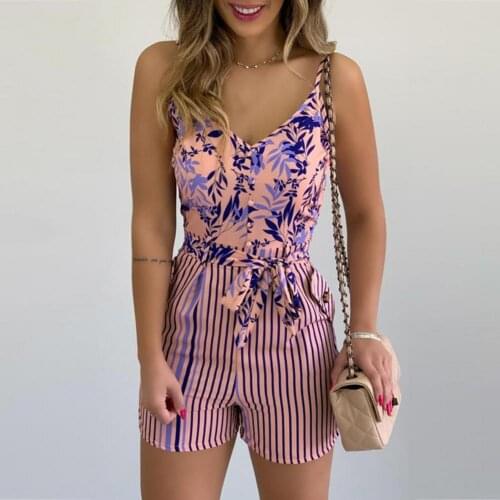 2021 Womens Summer Print Jumpsuit Short Pants Casual Slim Bandage V-Neck Beach Rompers Sleeveless Bodysuit Sexy Playsuit