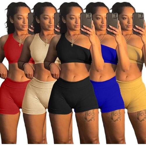 Womens Solid Color One-Shoulder Small Pit Strip Vest Shorts Fashion Sexy Two-Piece Suit