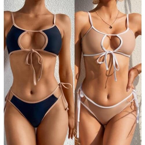 Women Split Swimsuit Set Solid Color Backless Low Cut Bikini + Lace-up Panties for Summer