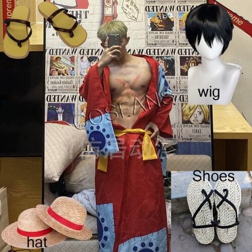 Anime One Piece Cosplay Monkey D Luffy Wano Country Arc Cosplay Costume Hat Kimono Yukata Outfit Customized Halloween Wig shoes
