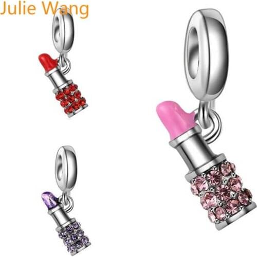 Julie Wang 5PCS Lipstick Bead Charms Rhinestone Crystal Silver Color Alloy Bracelet Necklace European Jewelry Making Accessory