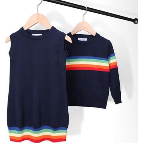 Spring Kids Baby Boys Girls Vest Dresses For Girls Knit Dresses Autumn Kids Boy Girl Rainbow Brother Sister Long Sleeve Sweater