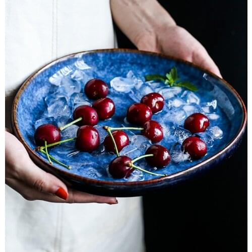 Japanese Style Irregular Ceramic Plate Deep Blue Dish Household Tableware Cooking Plate Creative Breakfast Dessert Steak Plate