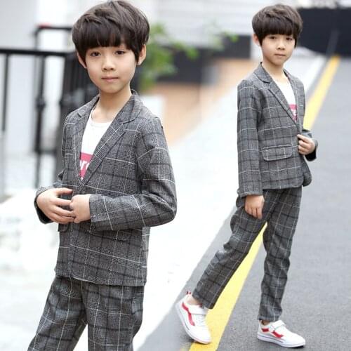 Boys Clothes Sets Kids Formal Suit Single-breasted Plaid Blazer + Trouser 2pcs Outfits Baby Boy Gentleman Suits Children Clothes