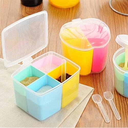 Seasoning box colorful integrated with spoon salt spices compartment color round seasoning box 3 in 1 seasoning jar