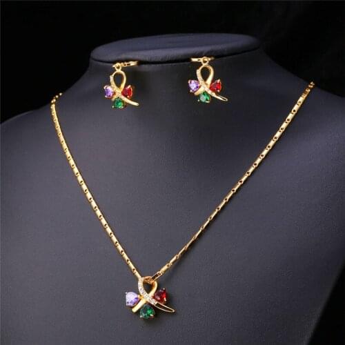 Kpop Ribbon Set Dangling Trendy Earring Necklace Cubic Zirconia Gold/Silver Color For Women Dating Jewelry Set PE219