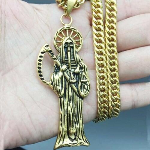 Stainless Steel Mens Necklaces Vintage Punk Skull Death Grim Reaper Scythe Pendant Halloween Jewelry Gift Gold Jewelry 24"