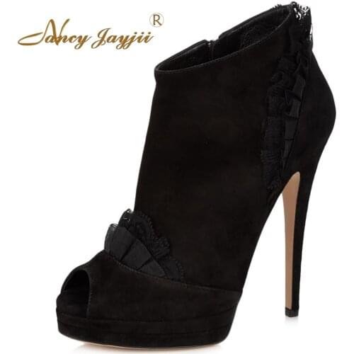Nancyjayjii 2017 Fashion Lady Black Suede Peep Toe High Heels Ankle Boots Shoes for Woman Zapatos Botas Mujer Plus Size 5-14
