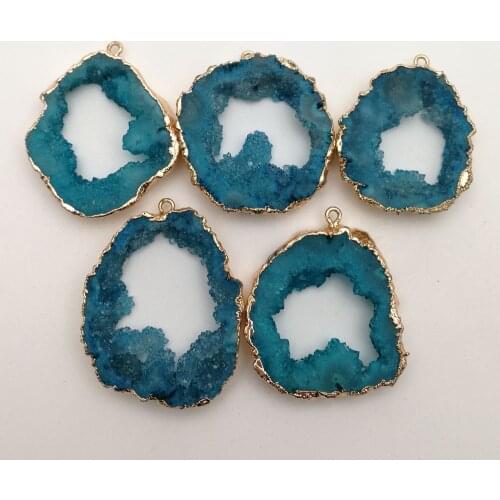 Irregular lake blue Crystal Natural Druzy Agates Pendants natural blue Stone quartz Connector DIY Jewelry Making handmade 6pcs