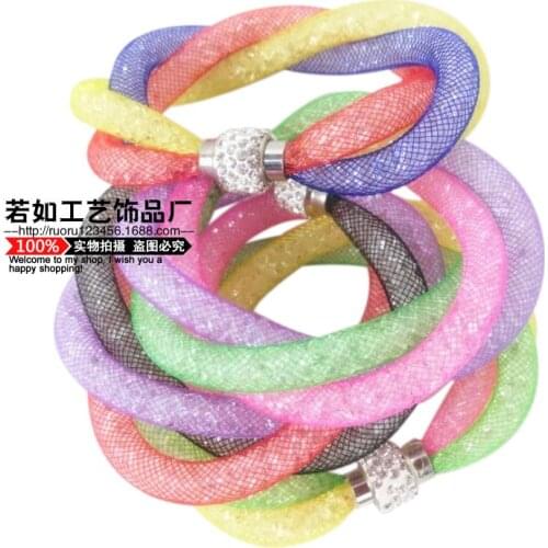 2018 New hot selling three layers braided mesh filled with resin rhinestone bracelet lady love magnetic buckle bracelet