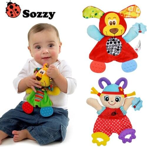Hot Sale New Arrived Baby Toy Sozzy Newest Cute Soft Animal Colorful Placate Towel With Teether Sound Paper Developmental Toys