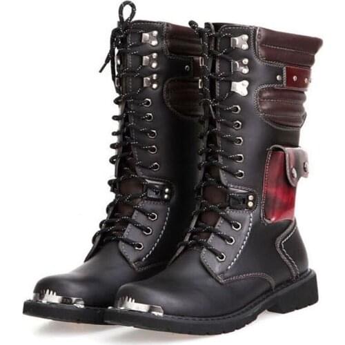 Fall Winter Mens Black Mid Calf Boots Round Toe Lace Up Outdoor Fashion Metel Charm Motorcycle Botas Male Punk Shoes 37-46 ERRFC