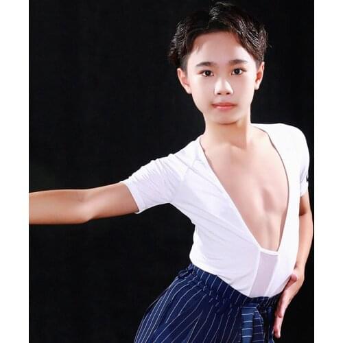 Latin Dance Top Boys Sexy V-Neck Tops Black White Shirts Kids Children Rumba Cha Cha Latin Dance Competition Costumes DQS4954