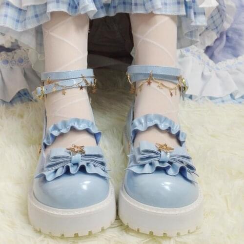 Sweet Bowknot Star Buckle Strap Mary Jane Shoes Woman Solid Color Low Heel Women Pink/white Lolita Shoes Ladies Female Kawaii